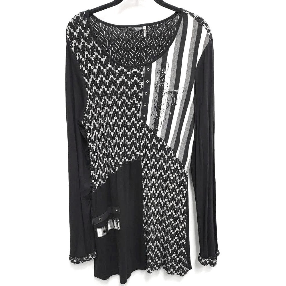 Kaktus Wearable Art Tunic Top Womens Large Black White Patchwork Long Sleeve